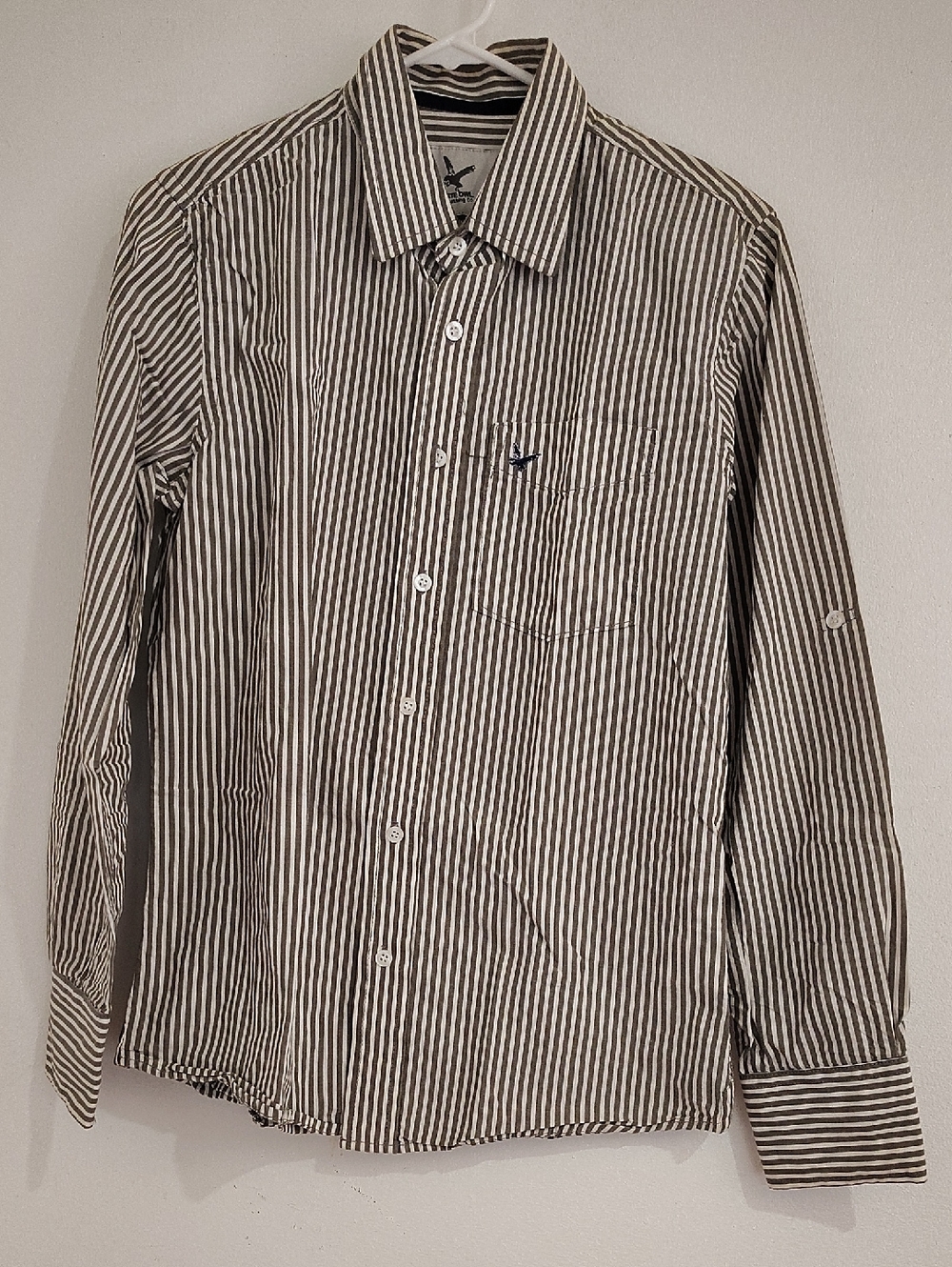 Men's Striped Brown & White Long-Sleeve Button-Down Shirt